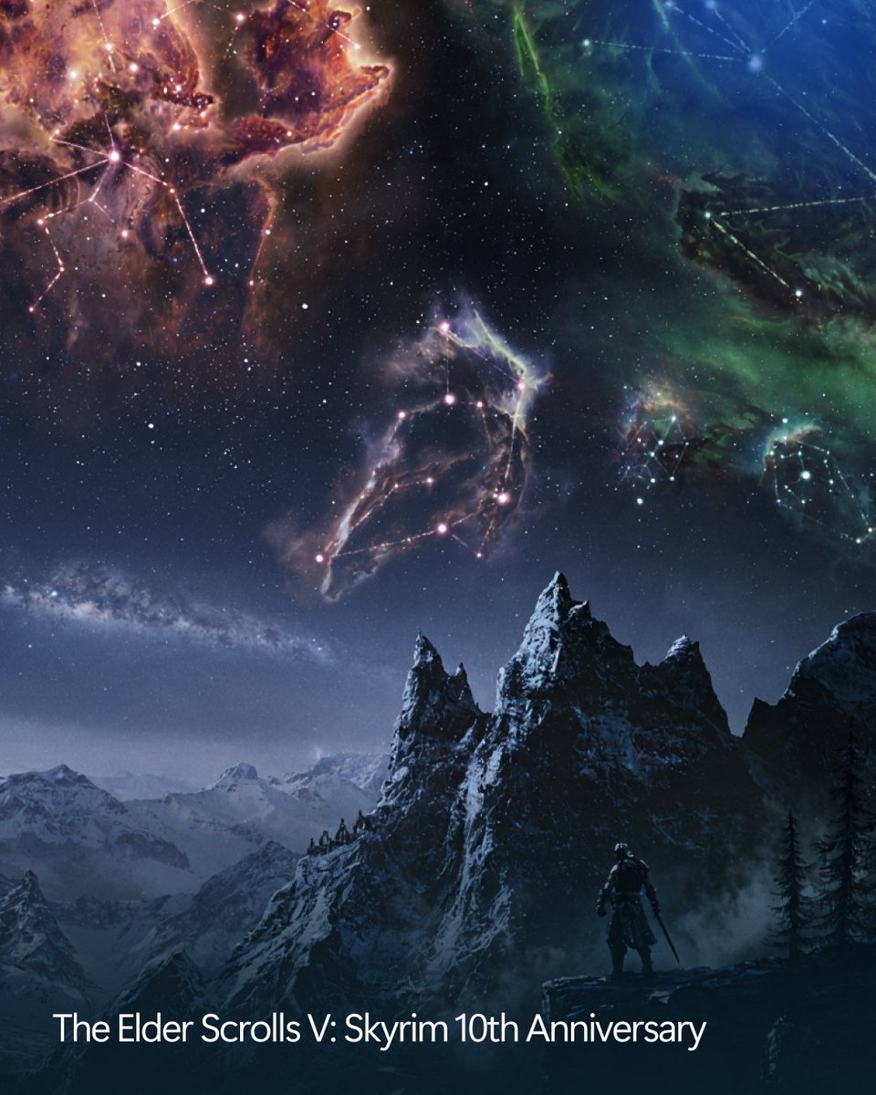 Fantasy landscape with mountains under a glowing night sky filled with constellations and nebula‑like colors. Text at the bottom reads ‘The Elder Scrolls V: Skyrim 10th Anniversary.’