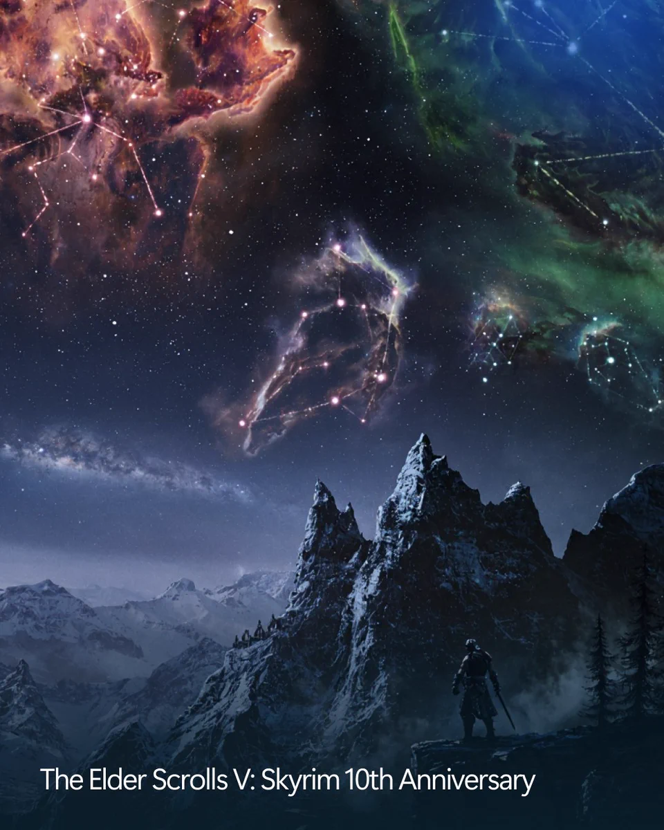Fantasy landscape with mountains under a glowing night sky filled with constellations and nebula‑like colors. Text at the bottom reads ‘The Elder Scrolls V: Skyrim 10th Anniversary.’