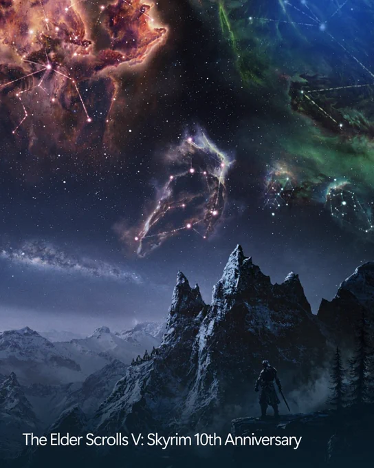 Fantasy landscape with mountains under a glowing night sky filled with constellations and nebula‑like colors. Text at the bottom reads ‘The Elder Scrolls V: Skyrim 10th Anniversary.’
