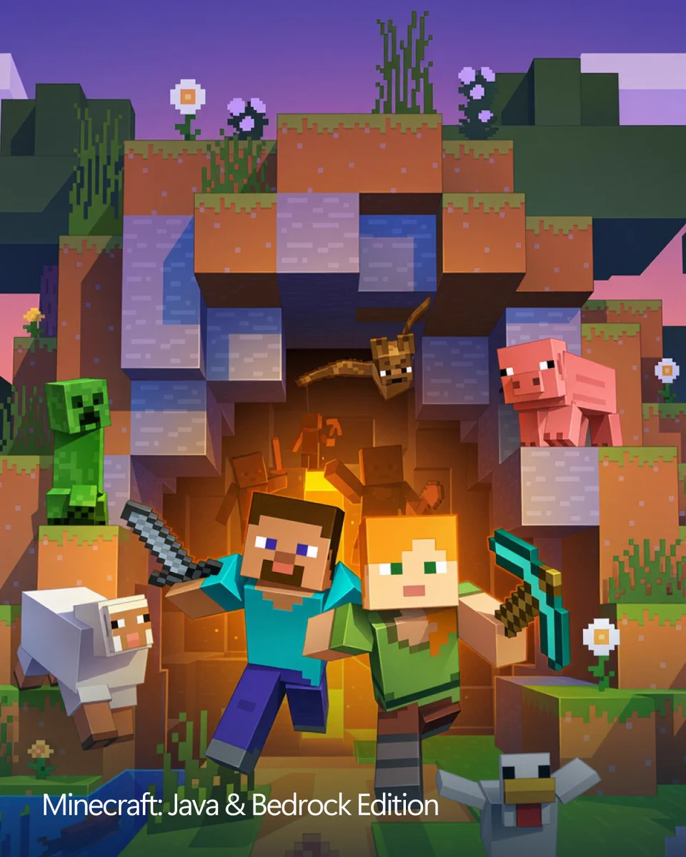 Minecraft scene showing blocky characters holding tools, surrounded by a creeper, pig, sheep, chicken, and bat. The setting mixes a cave interior with glowing light and grassy terrain above. Text reads ‘Minecraft: Java & Bedrock Edition.’