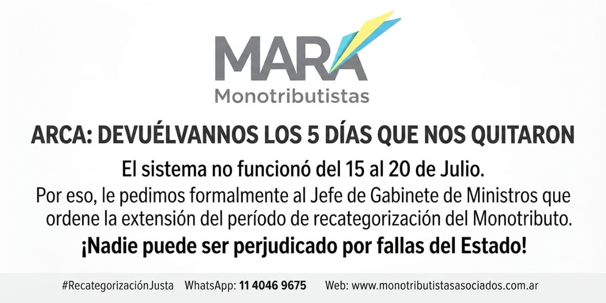 carlosm32742338's tweet photo. @ARCA_informa hubo un problema de un espacio de 5 dias casi, en que no pudo verse el tema recategorizacion de monotributo ..si pueden extender, devolver ese tiempo..? https://t.co/V90M4EL8MY