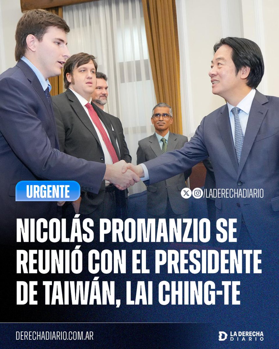 laderechadiario's tweet photo. 🚨🇦🇷🇹🇼 | El analista militar y comunicador argentino Nicolás Promanzio se reunió con el presidente de Taiwán, Lai Ching-te, para conversar sobre la situación de la isla, su liderazgo en tecnología y su papel clave en la contención del régimen comunista chino.

"Interesante conversación sobre la situación actual de Taiwán con su presidente, Lai Ching-te. Pioneros en desarrollos tecnológicos —electrónica, semiconductores, drones, 5G, data centers, ciberseguridad e IA— y en la primera línea de contención a China. Ya lo desarrollaré".