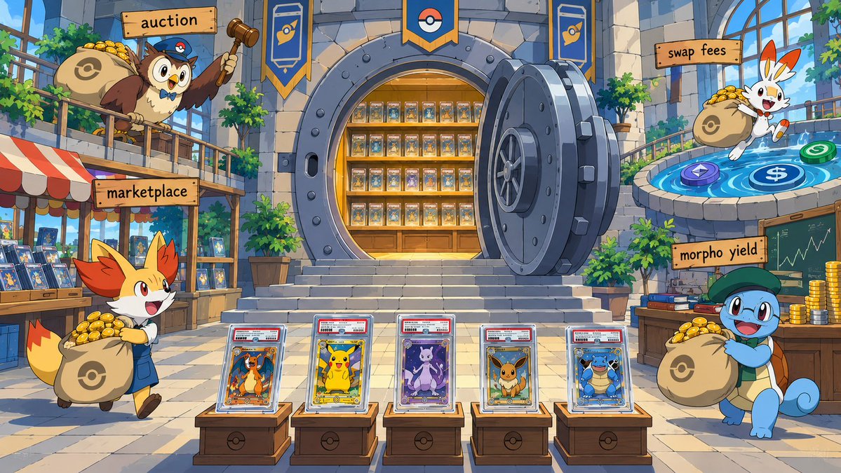 Charizcard's tweet photo. Latest update on how the treasury works.

Early concept ran on a single inflow. That's been reworked.

Treasury now runs four independent streams:

1. Launch auction proceeds
2. Marketplace commissions
3. Swap fees from the v4 pool
4. Morpho yield on the USDG reserve

Any single one goes quiet - the other three keep running.

At epoch end, stakers split the budget by rarity weight and time staked. Dashboard shows last epoch's actual return. Not a projected APY.