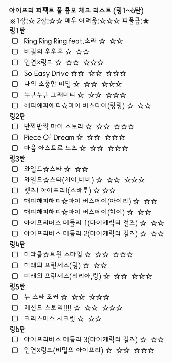 Yu03ru's tweet photo. ★아이프리 퍼펙트 풀 콤보 체크리스트(링1~6탄)★
https://t.co/fvPjc9HRQh
링탄은 곡 수가 적고 번안할 곡명이 많지 않아 6탄까지 미리 만듦
드라이브 내 파일명 : aipri_PFC_Checklist(R1~6)
*매우 어려움 유무는 일판 참고*

#아이프리 #aipri #퍼펙트 #풀콤보 #체크리스트 https://t.co/MO1ZlYTvtT
