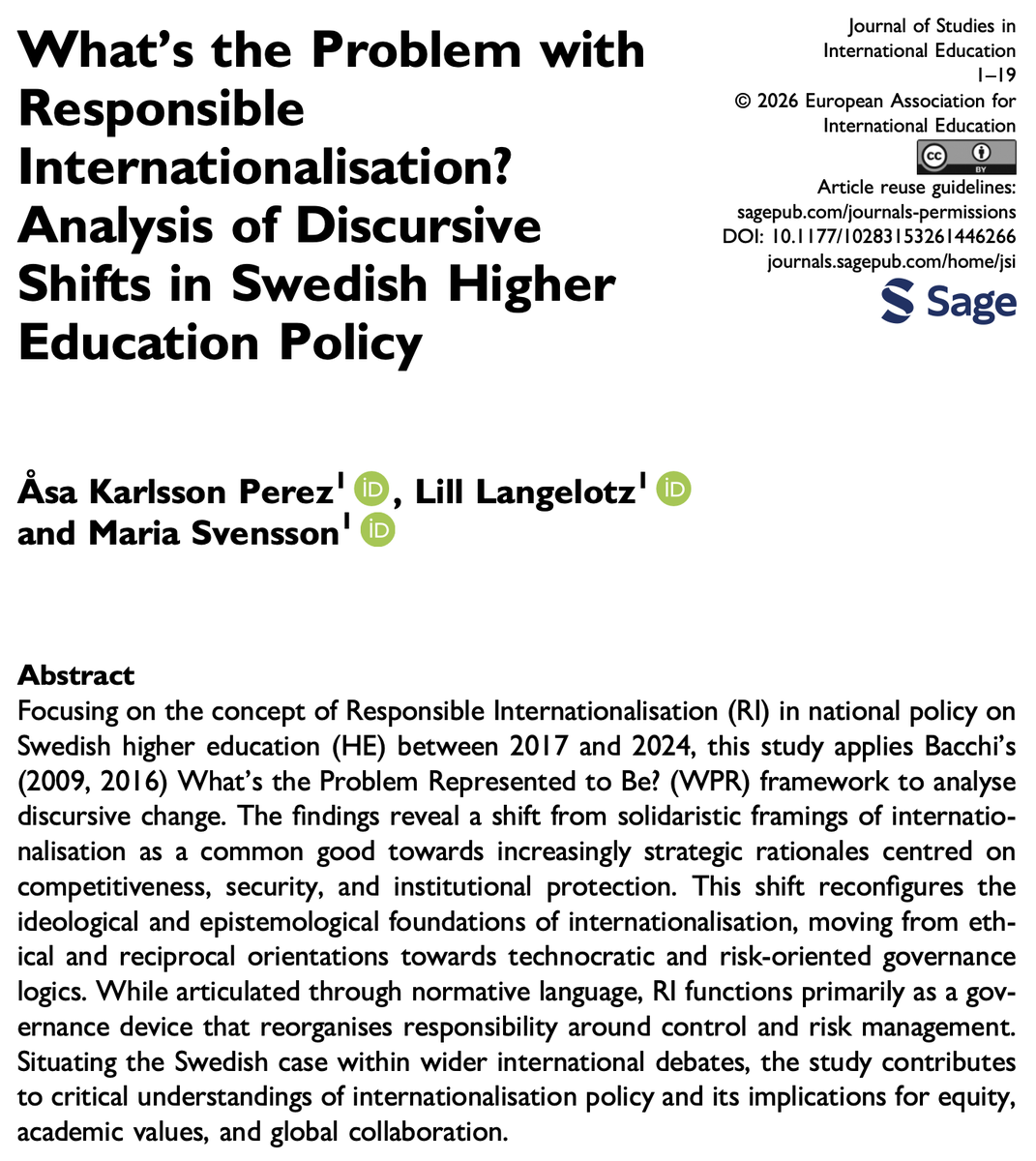 jsinted's tweet photo. What's the problem with responsible internationalisation? Analysis of discursive shifts in Swedish higher education policy

Åsa Karlsson Perez, Lill Langelotz &amp; Maria Svensson

Open access → https://t.co/qGUaGdZVpW

#Internationalization #HigherEd #EducationalPolicy #Sweden 🇸🇪 https://t.co/5kwo1YO7Ph