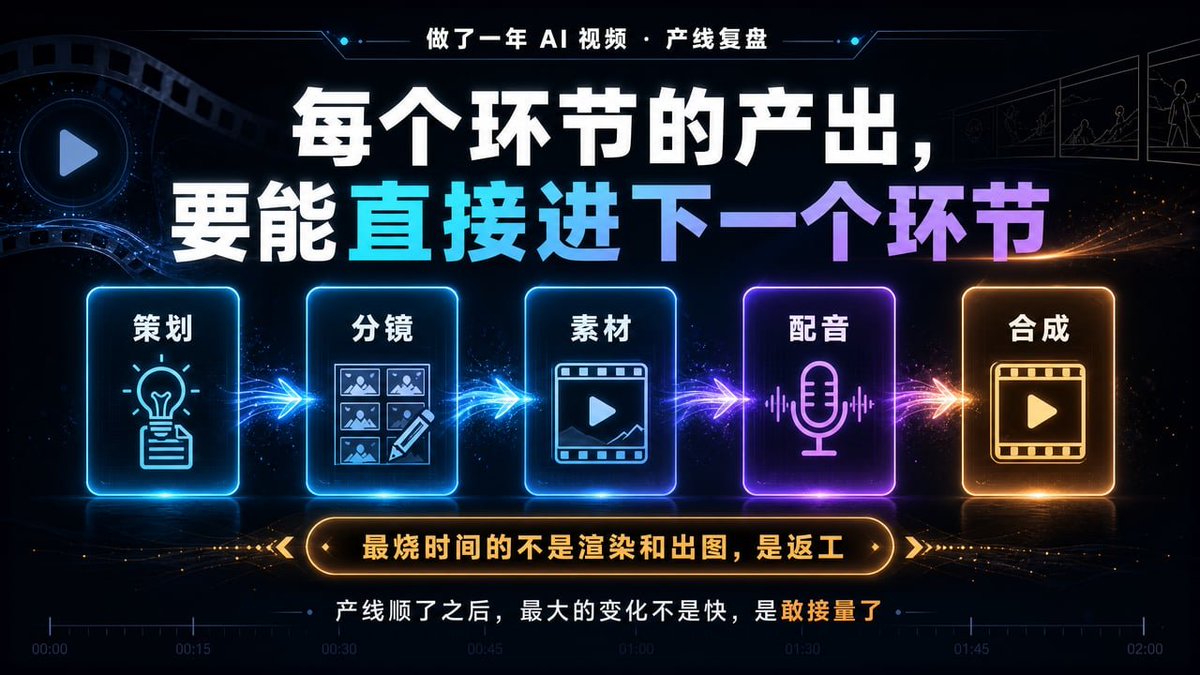 servasyy_ai's tweet photo. 做了一年 AI 视频，我把产线里最烧时间的环节排了个序

最烧的居然是返工，渲染和出图都排不上号。

脚本改三遍、素材对不上、配音和画面节奏差半拍，每一样都要回头重来。模型生成那几分钟根本不算成本，人来回抽卡改才是。

所以我现在的产线原则就一条：每个环节的产出，要能直接进下一个环节。

策划出来的就是分镜表，分镜表里就带素材关键词，配音长度直接决定剪辑点。工具能串起来的就不要人肉搬运，剪辑合成这类标准活我有些直接在 CapCut 里跑完，Seedance 2.5 现在也在里面，素材不用出软件。

产线顺了之后最大的变化不是快，是敢接量了