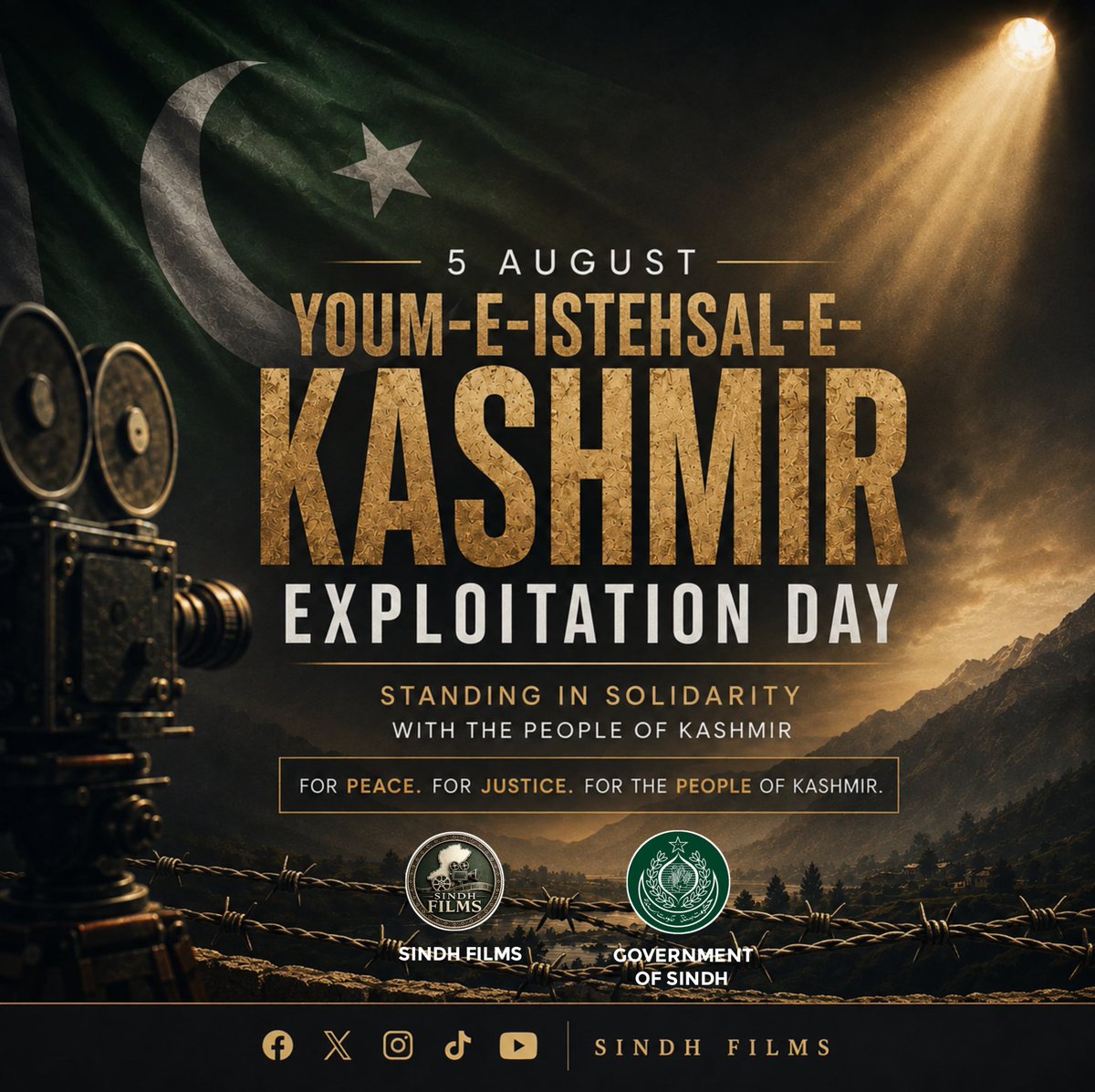 baseer4321's tweet photo. On 5 August, Sindh Films stands in solidarity with the people of Kashmir, honoring their resilience and reaffirming the values of peace, justice, dignity, and human rights.
#YoumEIstehsalEKashmir #Kashmir #Peace #Justice #HumanRights #SindhFilms #SindhGovt https://t.co/eBSCI4GVMB