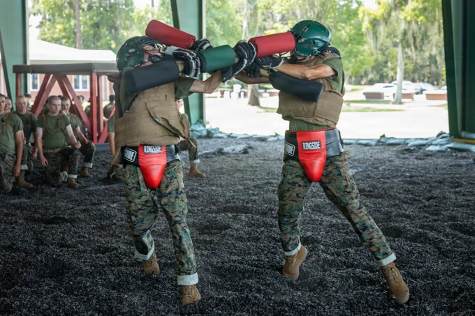 U.S. Marine Corps recruits with Delta Company, 1st Recruit Training Battalion, body spar at Leatherneck Square on Marine Corps Recruit Depot Parris Island, S.C., July 30, 2026. Recruits participate in body sparring, pugil sticks, and a bayonet assault course as part of their training to become Marines. (U.S. Marine Corps photo by Lance Cpl. Nicholas White)\n\n