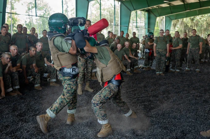 U.S. Marine Corps recruits with Delta Company, 1st Recruit Training Battalion, body spar at Leatherneck Square on Marine Corps Recruit Depot Parris Island, S.C., July 30, 2026. Recruits participate in body sparring, pugil sticks, and a bayonet assault course as part of their training to become Marines. (U.S. Marine Corps photo by Lance Cpl. Nicholas White)\n\n