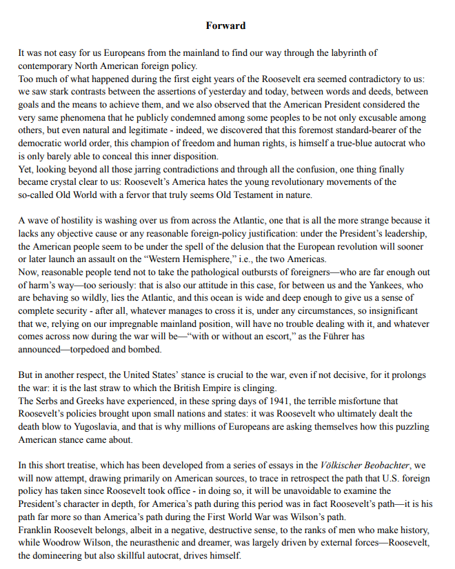 NSLitArchive's tweet photo. New upload to the Internet Archive:

"The American Enigma" is a book about American foreign policy under FDR by National Socialist Theodor Seibert, a German journalist, published in 1941 (before the German declaration of war on the United States in December 1941).

In this book, Seibert describes the character of FDR in comparison to Mussolini and Hitler, depicts his hypocritical statements about the US staying out of conflict, and describes how FDR needs a war in order to satisfy his Jewish backers and to stabilize the American economy.

Its a short but great book, one worth reading - read it here: https://t.co/viCeLrXwdC