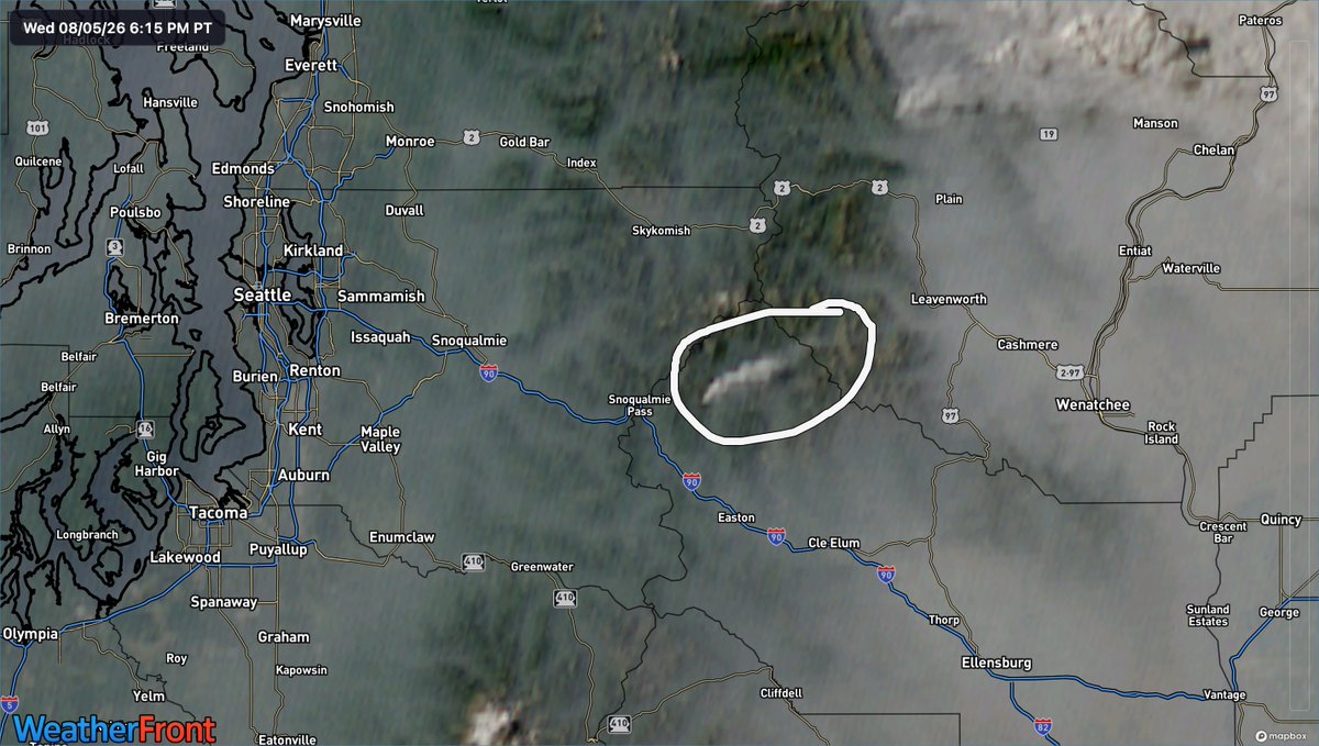 The_Weatherman2's tweet photo. Looks like a flareup this afternoon on the #ThreeQueensFire to the east of Snoqualmie Pass. It was last reported 5 days ago at 87.5 acres. #wawx https://t.co/OODuHgT9ZD