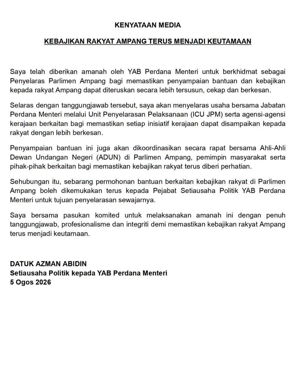 NewsBFM's tweet photo. The Prime Minister’s political secretary Azman Abidin has been appointed as Ampang parliamentary coordinator after PKR lawmaker Rodziah Ismail’s access to the MyKhas constituency allocation system was suspended.

He said welfare assistance applications could now be submitted directly to his office for coordination.