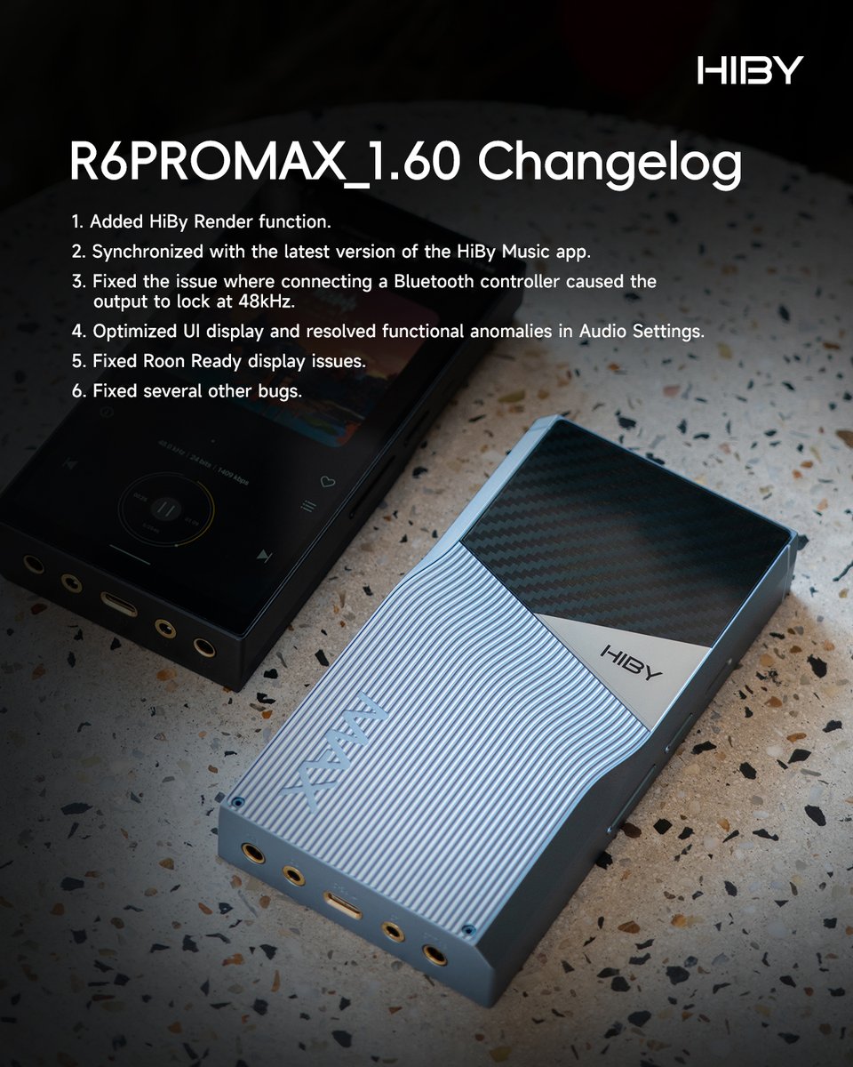 hiby_music's tweet photo. 🎉 Firmware version 1.60 for both the R6Pro Max and the RS8 is available.

Changelog:
1. Added HiBy Render function;
2. Synchronized with the latest version of the HiBy Music app.
3. Fixed the issue where connecting a Bluetooth controller caused the output to lock at 48kHz.
4. Optimized UI display and resolved functional anomalies in Audio Settings.
5. Fixed Roon Ready display issues.
6. Fixed several other bugs.

Go to Settings -> System -> Systems Updates->Click "Check Version" while connected to the internet through WiFi to search for and install the new update.

#HiBy #hibymusic #r6promax #hibyr6promax #hibyrs8