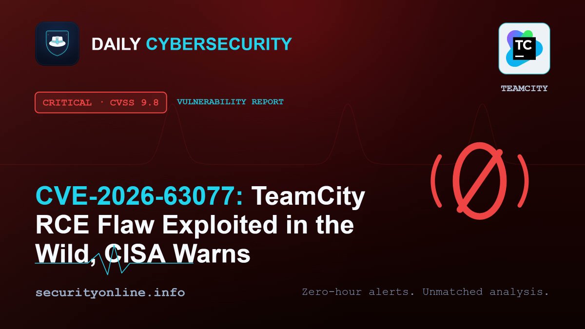 Daily_CyberSec's tweet photo. TeamCity vulnerability CVE-2026-63077 enables unauthenticated remote code execution. CISA added it to the KEV catalog amid active exploitation.

#TeamCity #CVE202663077 #RCE #CISA #KEV #cybersecuritytips 
https://t.co/WFTihsTY2e https://t.co/pzzr6GTX8O