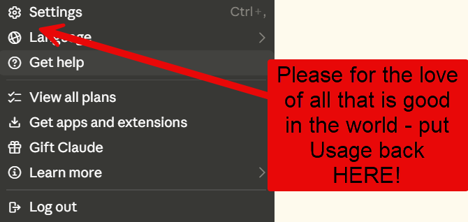 bymarklyne's tweet photo. @AnthropicAI @claudeai  You're killing me... why take Usage out of the main menu and make me have to multiple click to see the stats again... please put this QoL back in place the way you had it last build! https://t.co/C37rjebxtx