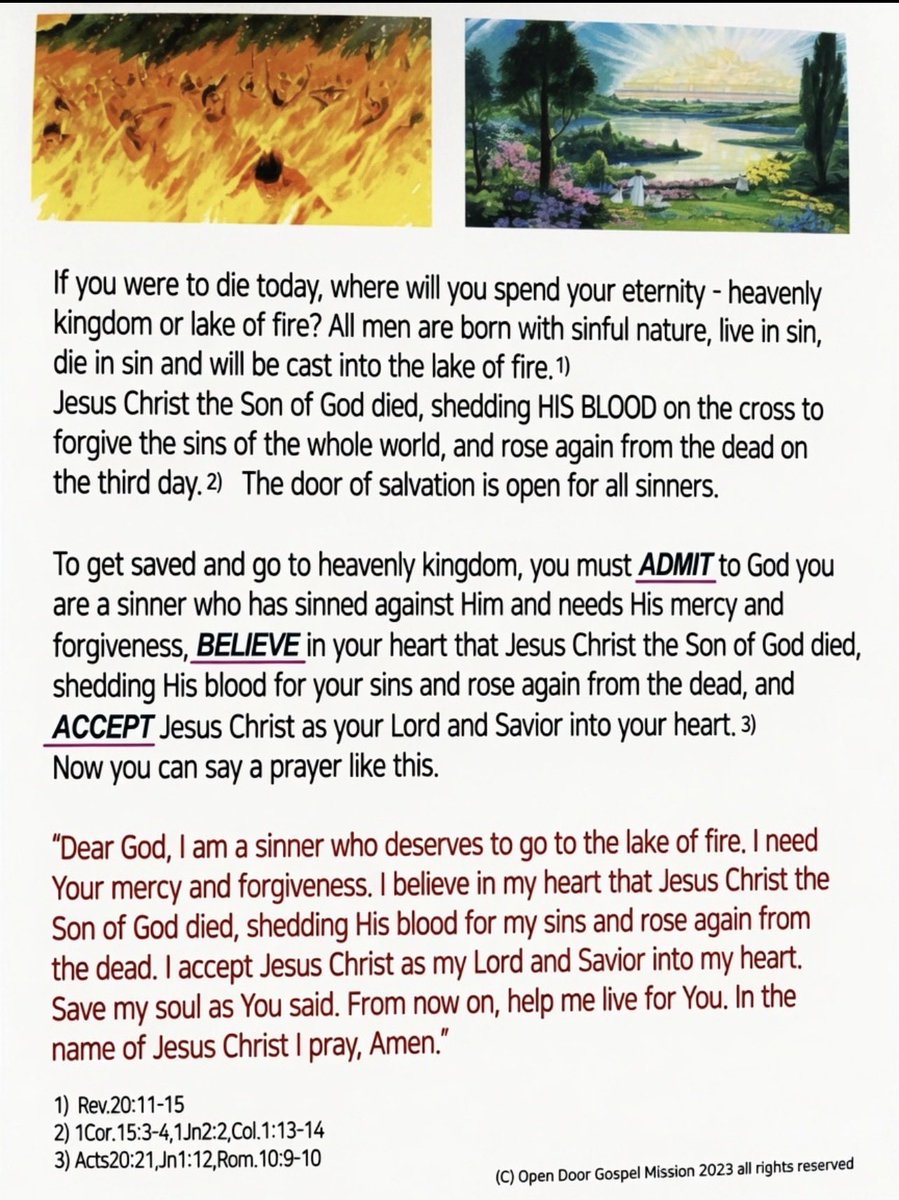 danieljung6107's tweet photo. ⏰ ⏰ ⏰ 
Last call for it - the Creator of the entire universe and all things, the King of kings, the Savior of the world, the Lord Jesus Christ is coming soon!  The signs are everywhere, but people are too distracted to see them. This world will fade away, along with everything that people crave. What really matters is the issue of eternity! “Wake up!”
Before He comes back and takes the saved saints home in heaven and the unsaved people face eternal judgment (lake of fire), there are TWO IMPORTANT THINGS you must do:
Are you TRULY saved? Ready to go to heaven? If not, Please take a time to read the gospel message carefully and get saved.
If you are TRULY saved, text this photo of the gospel tract to any of your loved unsaved ones everywhere before it’s too late! THEY MUST NOT GO TO THE LAKE OF FIRE. This might be your last chance. The door of salvation is still open, but not for long ….  Our time on earth is drawing to a close. I truly love you all ❤️❤️❤️