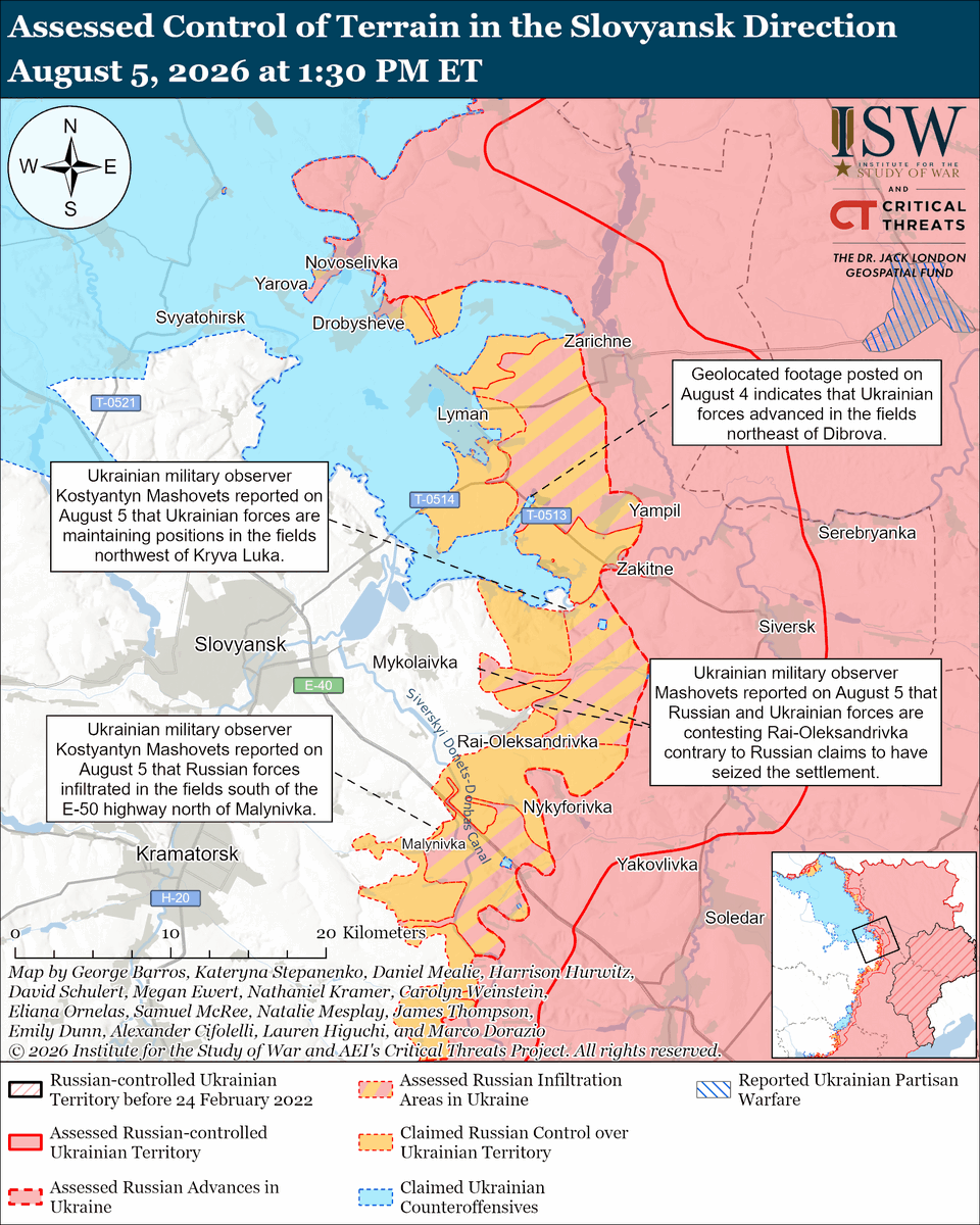 TheStudyofWar's tweet photo. NEW: Russian President Vladimir Putin reshuffled military commanders, including those associated with logistics and Russia’s Unmanned Systems Forces (USF), against the backdrop of Ukrainian strike campaigns that these services have failed to defend against.

Other Key Takeaways:

Russian forces launched a relatively small strike package against Ukraine on the night of August 4 to 5 nonetheless causing significant civilian damage and casualties due to Russia’s use of ballistic and quasi-ballistic missiles that Ukraine was unable to intercept.

Ukrainian forces did not intercept any of the 28 missiles that Russia launched overnight, as Russia continues to purposefully exploit Ukraine’s depleted stocks of anti-ballistic missile interceptors.

North Korea has escalated its involvement in Russia’s war in Ukraine, reportedly deploying missileers and over 100 ballistic missiles to Russia.

The addition of more North Korean missiles to Russia’s arsenal will likely allow Russia to intensify its ballistic missile strikes against Ukraine in the near future without having to dip into its S-400 and Zirkon missile stocks.

Unspecified actors likely piloted a drone containing explosives at Germany’s Leipzig/Halle Airport, a known hub for transporting Western-provided military equipment to Ukraine.

Ukrainian forces continued their long-range strike campaigns against Wildberries warehouses and Russian oil infrastructure on August 4 and 5.

Ukrainian forces recently advanced in the Kostyantynivka-Druzhkivka tactical area and Slovyansk and Oleksandrivka directions on August 4 and 5.
