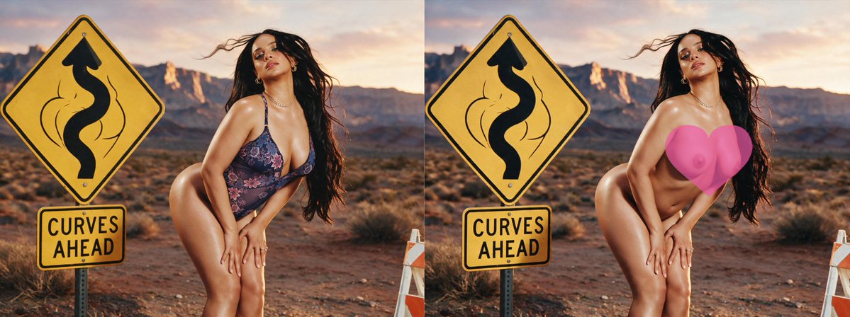 AllkeyAria's tweet photo. Beauty with flowing black curls poses in sheer floral deep V bodysuit.Desert sunset and Curves Ahead sign frame her full figure

One-click undress ready!First undress FREE🔥
🔗https://t.co/kKDF48DNJO

#AIgirl #SpicyAI #Curves #FirstFree #Undress https://t.co/FXVYT3J6CT