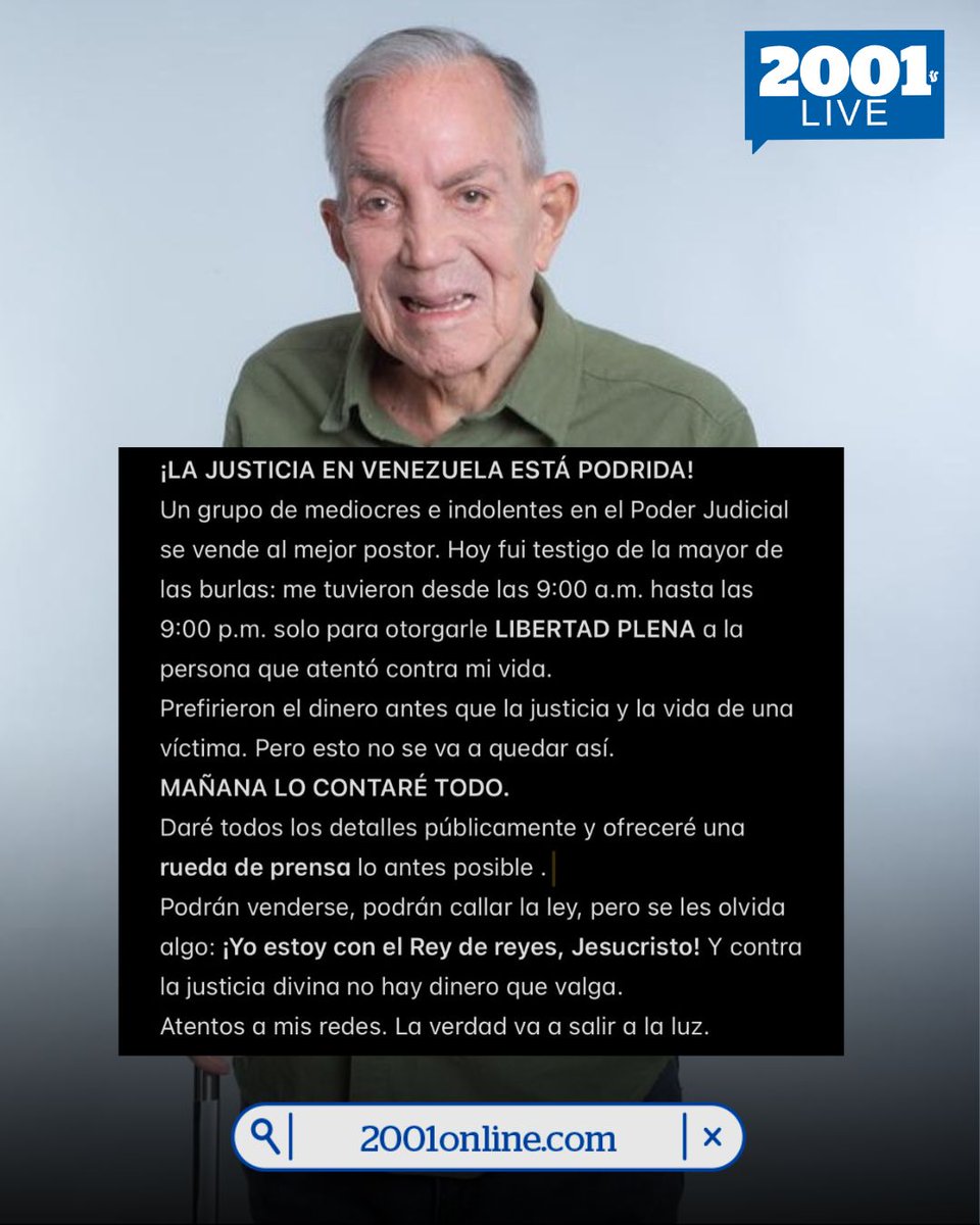 2001OnLine's tweet photo. #5Agos El animador venezolano Gilberto Correa cuestionó la sentencia de libertad plena que otorgó el juzgado a la persona que "atentó" contra su vida mentiras se desempeñaba como su cuidadora hace más de cuatro años. 🇻🇪⚖️
En un comunicado publicado en redes sociales, Correa aseguró que este miércoles fue testigo "de la mayor de las burlas", tras conocer el veredicto final del caso que abrió el Ministerio Público en mayo de 2022.
El examinador del Miss Venezuela dijo que revelará los detalles públicamente y que ofrecerá una rueda de prensa lo más pronto posible.
📸: soygilbertocorrea