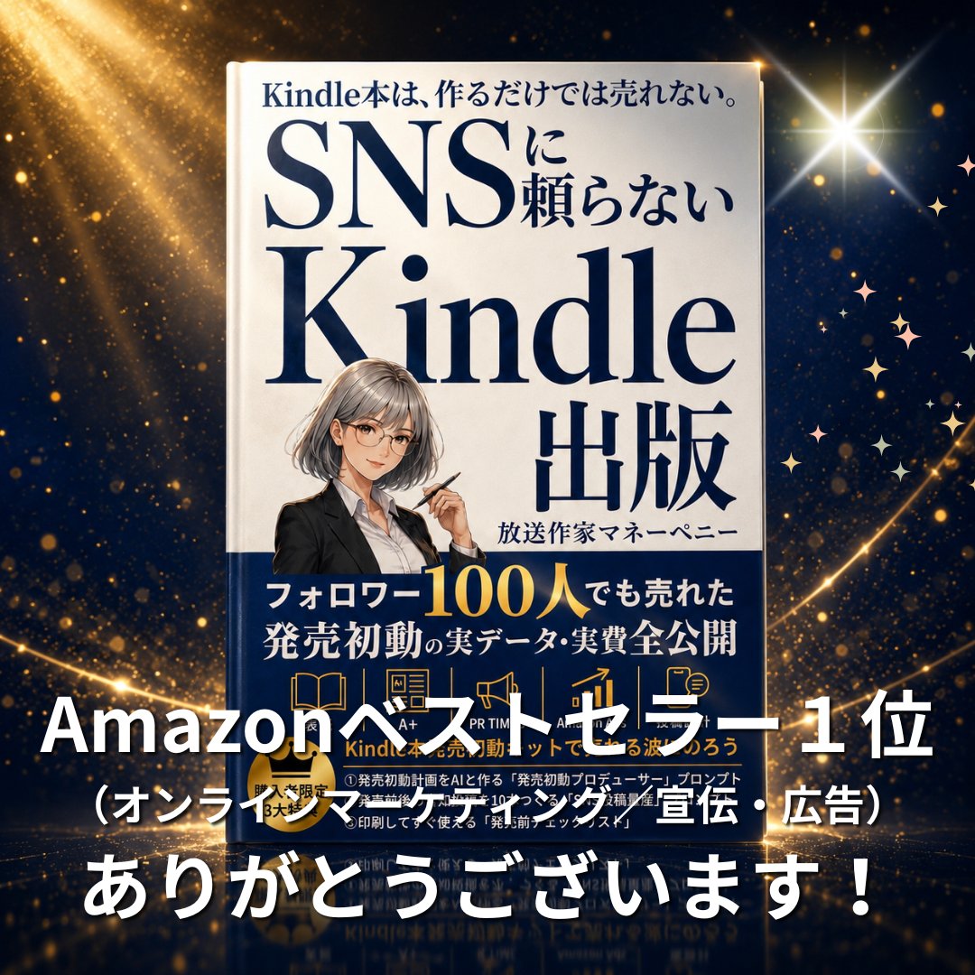 fumialexander's tweet photo. おはようございます。

昨日、発売した『SNSに頼らないKindle出版』が、
Amazonの売れ筋ランキングで、ベストセラー1位になりました。（オンラインマーケティング／広告・宣伝、2つのカテゴリで）

総合順位（1354位）が、まだ上がっていて、少し怖いくらいです。

でも、この結果は、私一人のものじゃない。

表紙をデザインしてくれた、あゆさん。
表紙のアンケートに答えてくれた方。
予約して、買って、読んでくれた方。
昨夜のスペースに来てくれた方。
そして、動画まで作って走り回ってくれた、もりこさん。

一人ひとりに、心から感謝しています。

「フォロワーが少なくても、本は届く」。
それを、昨日、みなさんが証明してくれました。

ありがとうございます。この景色を、忘れません。

https://t.co/nOfT9p6W2X