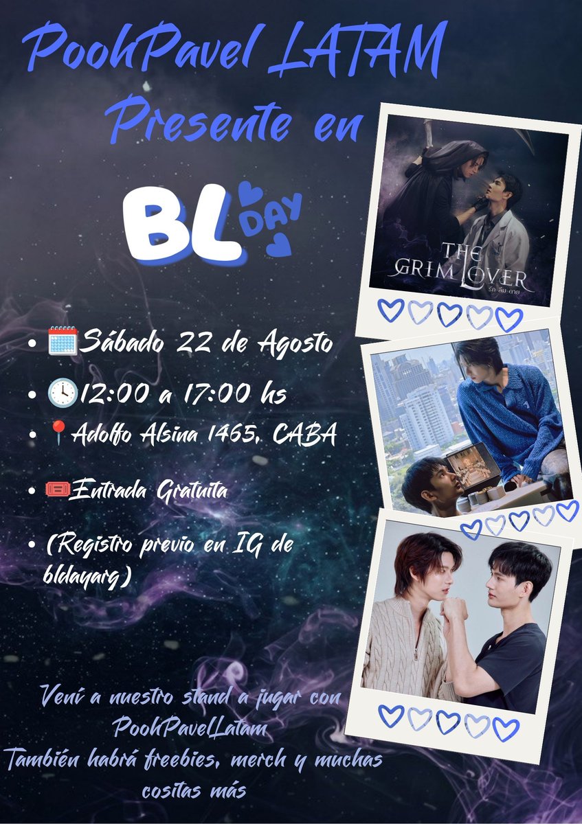 PoohPavelLatam's tweet photo. 📢 QUEREMOS ANUNCIAR UNA GRAN NOTICIA! 
Nuestro Fandom por primera vez en @ bldayarg: LOVE DETECTIVES

Vamos a representar a PoohPavel en especial por su serie Goddess Bless You From Death!

Si te gusta mucho PoohPavel y que saber todo sobre ellos, series que ya hicieron y la próxima que vendrá, Vení a pasar un buen momento en nuestro stand!

Que tenemos preparado?

🕹️ Juegos y premios para los fanáticos 
🎁 Llévate Freebies de regalo 
🛍️ Estaremos vendiendo recuerdos para todos! 
(Lo recaudado por la venta será para el proyecto que tenemos activo para promocionar la nueva serie) 

❤️Y muchas cosas más!

Te lo vas a perder? 

⭐DATOS DEL EVENTO:
🗓️ Sábado 22 de Agosto
🕓12:00 a 17:00 hs
📍 Adolfo Alsina 1465, САВА

🎟️Entrada: ¡GRATUITA! (Se tienen que registrar en el formulario que está en el perfil de la página de ig @ bldayarg ).

Te espero con mucho entusiasmo para conocernos y hablar de nuestros chicos que tanto amamos!

#ppoohkt #pavelphoom 
#BabeHooPers 
#PooHHooPers #BabeCats
#พูห์พาเวล #poohpavel