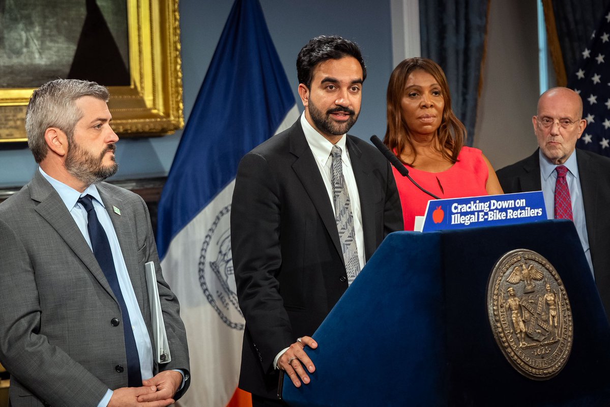NYCMayor's tweet photo. Too many lives have been cut short by high-speed, illegal e-bikes and e-scooters.

That’s why we are issuing cease-and-desist orders against 42 online retailers that have been selling these dangerous devices to New York City residents — including Target, Temu, Wayfair, Walmart, and Amazon. 

The safety of New Yorkers is not for sale.