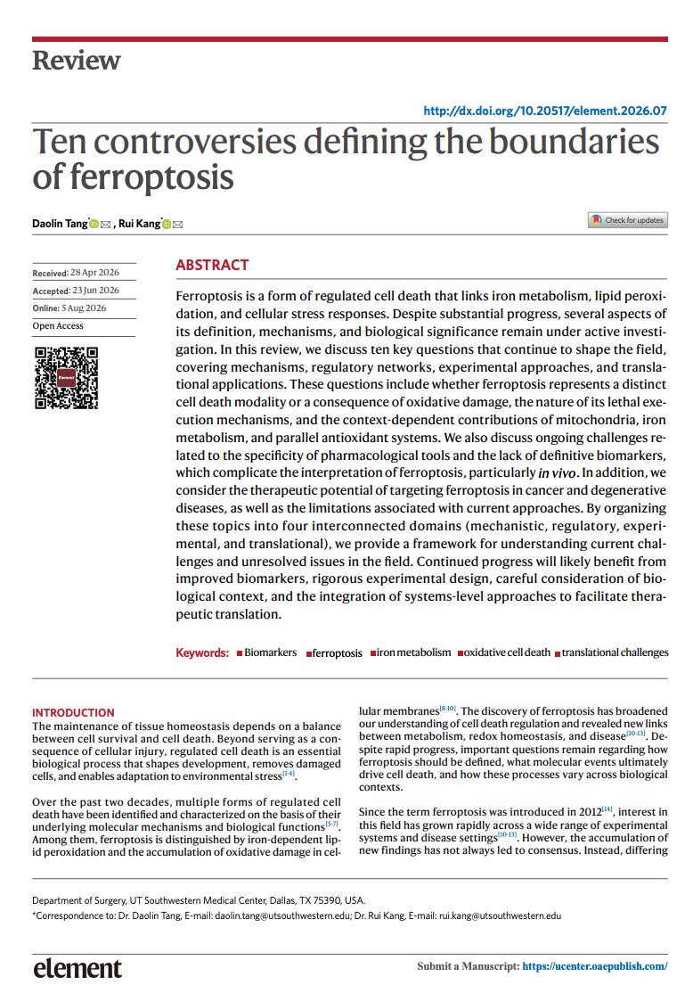 ElementJournalX's tweet photo. 🚨 New Review!

What defines ferroptosis? This review discusses 10 major controversies spanning mechanisms, biomarkers, and clinical translation.

Read for free👉: https://t.co/C9K1ci4mwu

#Ferroptosis #CellDeath @OlzmannLab @realJimWells @RobertoZoncu @Brunorm84 @manuelmuro5 https://t.co/l9sN6DeXdE