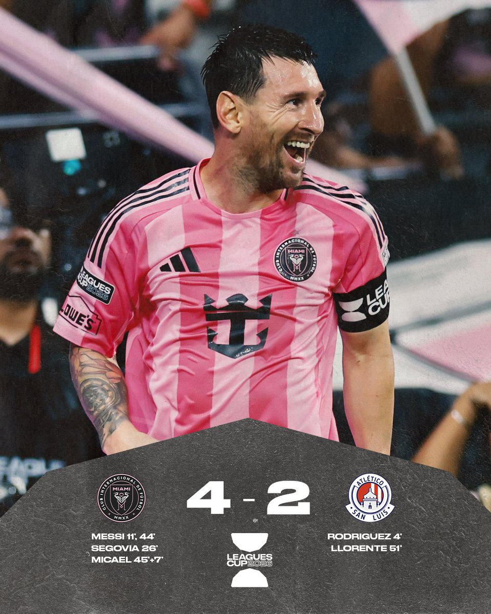 MLS's tweet photo. Messi leads the way with a brace as @InterMiamiCF  take down Atlético San Luis in @LeaguesCup 💪 https://t.co/4B6ehYjlWp