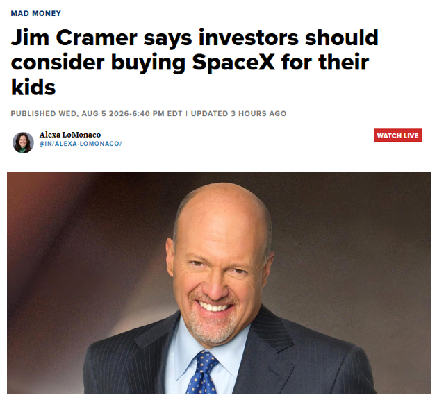 Barchart's tweet photo. JUST IN 🚨: Elon Musk is reportedly considering shutting down Jim Cramer's X account after Cramer said investors should buy SpaceX $SPCX for their kids