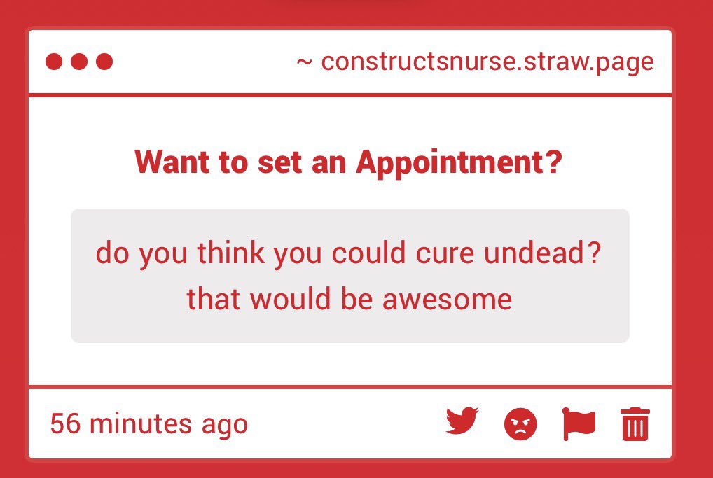 ConstructsNurse's tweet photo. “I wish I could, but alas, I am still merely a nurse. Since Undead’s injuries are all above the neck, they’d need Neurosurgery. I am not permitted to provide such a service, nor am I trained in it.” https://t.co/QVCzJeeY9s