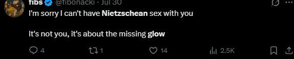 zeusrz's tweet photo. We have all these huge meta defining design aspects that are on almost every coin.

How have we never combined them into a runner?

Glow from $Punch
Nietzschean from $PENGUIN
ASCII from $Fartcoin
Wif in the name from $WIF
"The ..." from $ANSEM
"E" from $CATE

TheNietzscheanEWifGlowASCII

About time we have a Chillhouse type runner for 2026. Ts is everywhere.