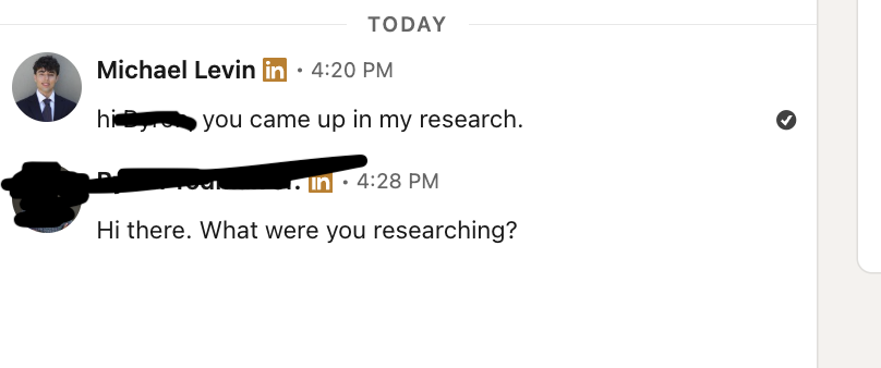mike_dreach's tweet photo. my ai found a message with 88 % reply rate?

"hi {first_name}, you came up in my research"

it dmed this to 25 c-suite execs

ig vague texting works https://t.co/IGf8uDu6ja