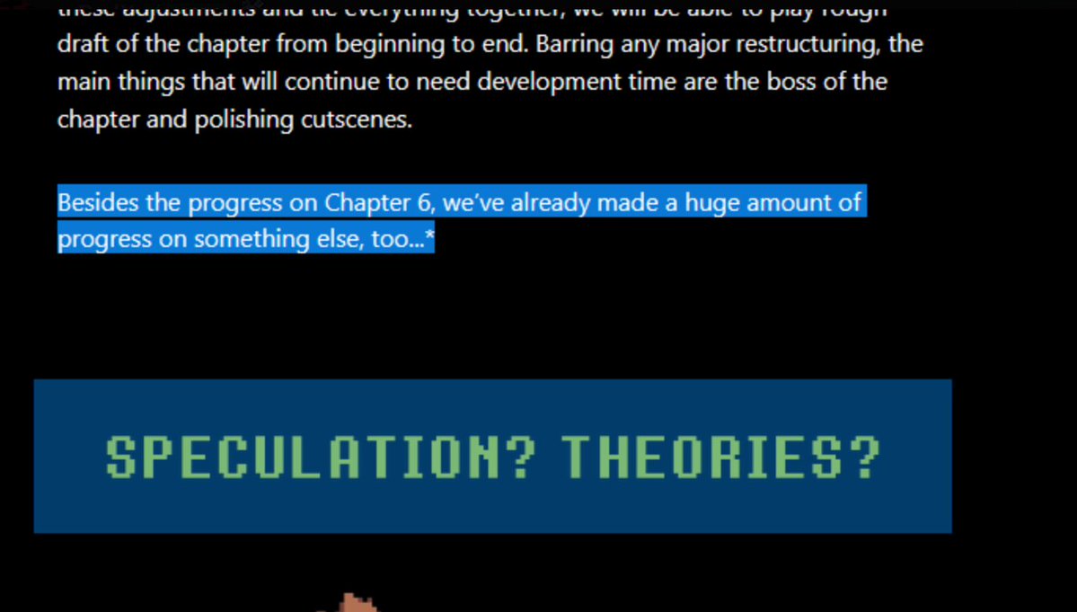 crimsonalice27's tweet photo. @tobyfox just gonna say this here. the hidden new page is literally a progress monitor for the development of chapter 7 side b.

maps/overworld
cutscenes
battles
sprites (or bugfixing???) 

"same time as 7" means its releasing at the same time as regular ch7. https://t.co/GZeVj93Bwh