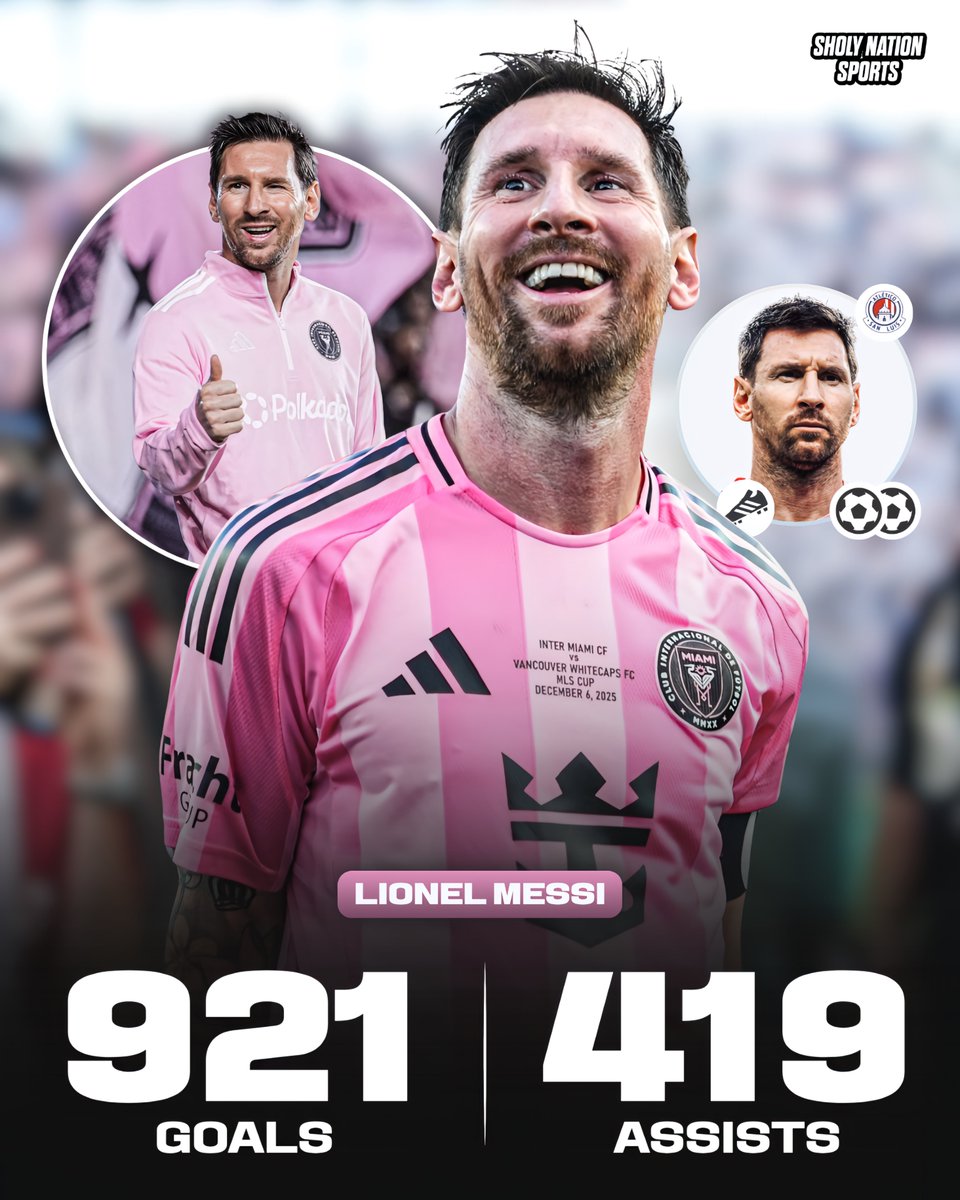 Sholynationsp's tweet photo. 🇦🇷 Lionel Messi’s career stats:

👕 1166 games
⚽️ 921 goals
🎯 419 assists
🏆 48 trophies

GOAT! 🐐 https://t.co/1pHE430pIL