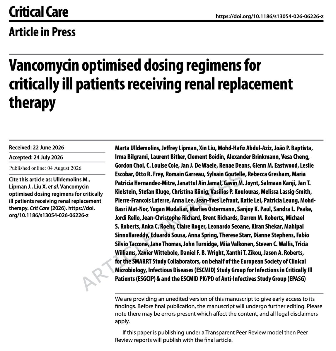 IM_Crit_'s tweet photo. If you use vancomycin in patients requiring renal replacement therapy (RRT), you have to read this study 👇

Actual body weight and RRT intensity and duration are the main determinants of vancomycin dosing requirements in critically ill patients treated with RRT

I am biased here because I always use a *large* loading dose of vancomycin (when I use vanco instead of linezolid or daptomycin!) but I have not been able to use continuous vancomycin infusion (rare practice in US hospitals but fairly common in other countries) 

Kudos to the authors!