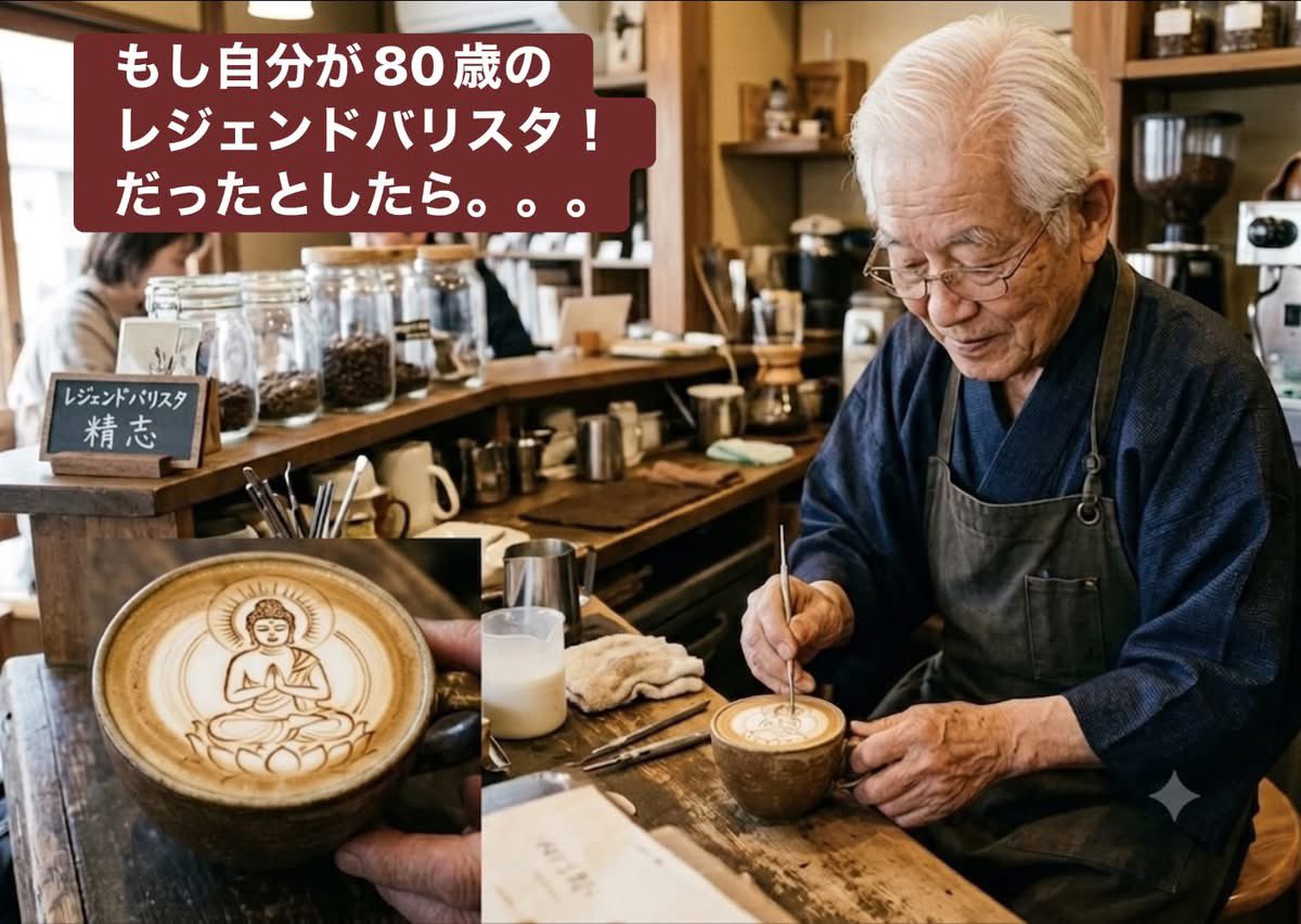 hakkou2023's tweet photo. 昨日、バリスタの競技会を見て余計な妄想が膨らむ。

ボクがもし仮に80歳のレジェンドバリスタだったとしたら。

カップに描く『ラテアート』は、おそらく大日如来像や観音菩薩像で決まりだ。

世界コンクールは【拝めるカフェラテ】で勝負！
（断トツで、ぬるーくなりそうなのが今からとっても不安） https://t.co/W9nXZS2ktx