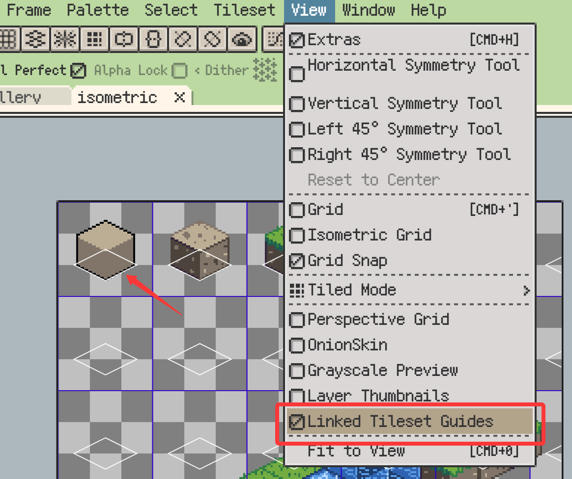 RespriteApp's tweet photo. View → Linked Tileset Guides shows slice bounds and base outlines directly on the canvas—perfect for editing oversized tiles. #resprite #pixelart #gamedev https://t.co/wrF5fx0onP