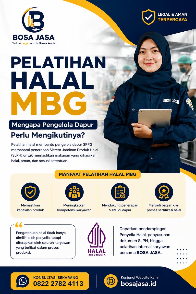 BosaJasa's tweet photo. Pelatihan Halal MBG membantu pengelola dapur memahami penerapan SJPH, meningkatkan kompetensi karyawan, dan mendukung proses sertifikasi halal.

📞 0822-2782-4113
🌐 https://t.co/xNBCK5BiqV
#MBG #SPPG #Halal #SJPH #BosaJasa https://t.co/yopOx94SyA