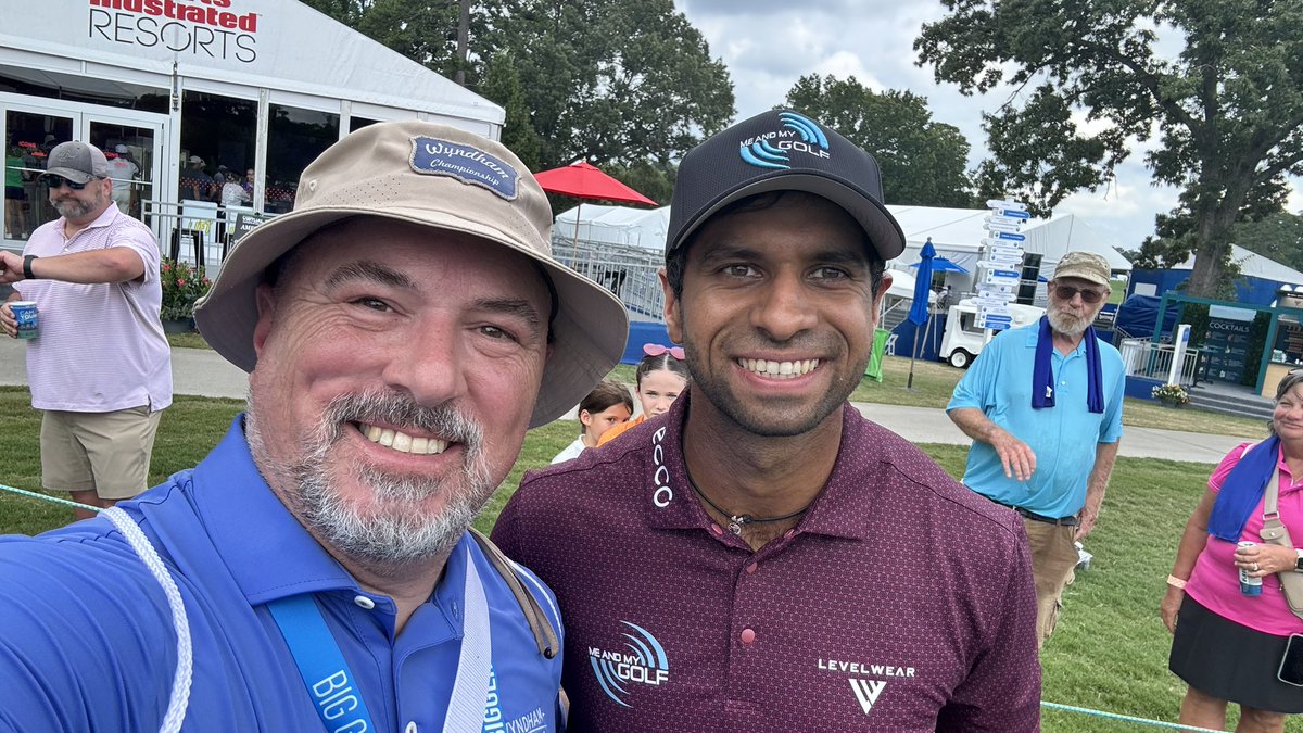 MichaelG_Comedy's tweet photo. I volunteered at the Wyndham Championship today and had the privilege of walking nine holes with Aaron Rai. Legit one of the nicest pro athletes I’ve ever met! https://t.co/5cWAh8lzLA
