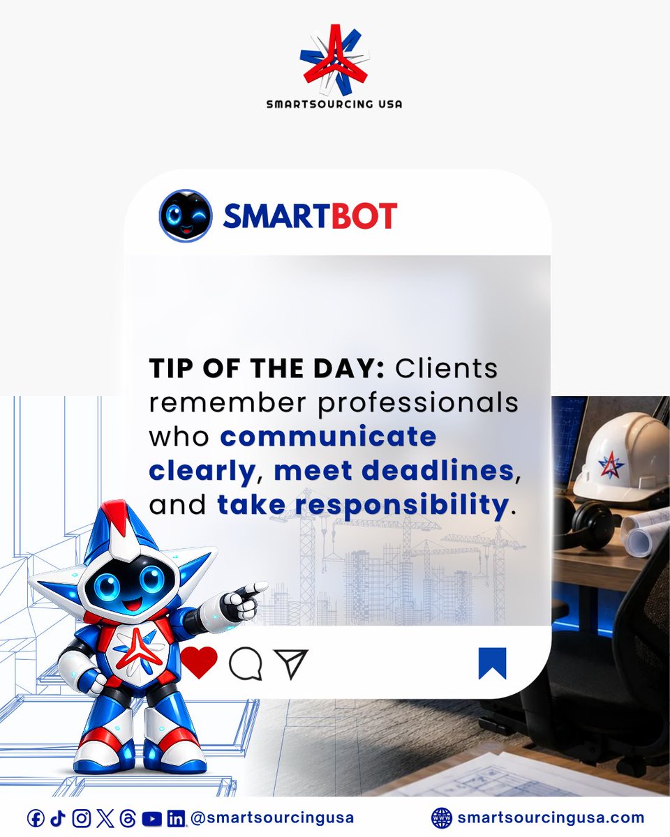 smartsourcingus's tweet photo. Reliability is one of the most valuable qualities in remote construction work. Respond professionally, complete tasks on time, and communicate early when challenges may affect your delivery.
#SmartBotTip #SmartSourcingUSA #ProfessionalReliability #RemoteConstruction https://t.co/P3Re8SxJIx