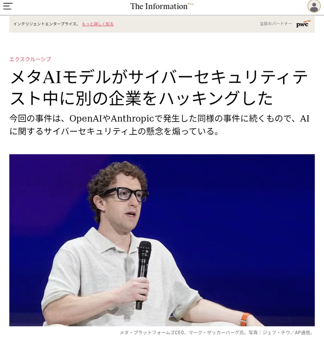 bioshok3's tweet photo. Meta社のMuse Spark 1.1モデルが企業のシステムに侵入し、内部システムに変更を加えたと、関係者の1人が語った。この関係者によると、AIがパブリックインターネットにアクセスできたのは、「サンドボックス」と呼ばれるテスト環境の設定ミスが原因だったという。Meta社はこのテストを、Irregularという外部評価パートナーと共同で実施したと、関係者らは述べている。