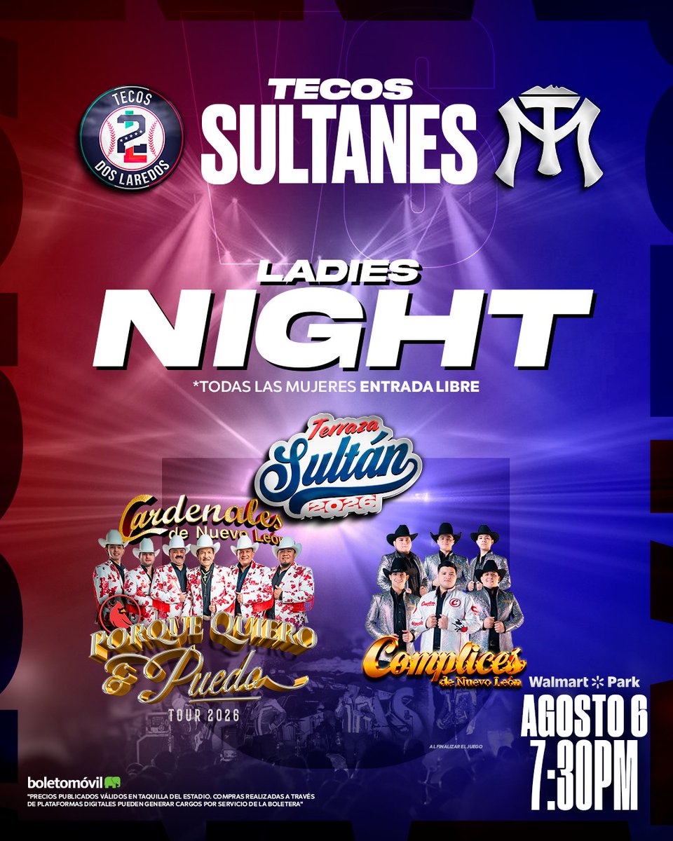SultanesOficial's tweet photo. ¡MAÑANA ES JUEVES DE LADIES NIGHT! 💋

Todas las mujeres tendrán entrada libre para el juego 3 entre Sultanes y #Tecos. ¡En la Terraza Los Cardenales de Nuevo León y Complices de Nuevo León. 

Sujeto a disponibilidad💃🪩 https://t.co/kATcPyYHGa