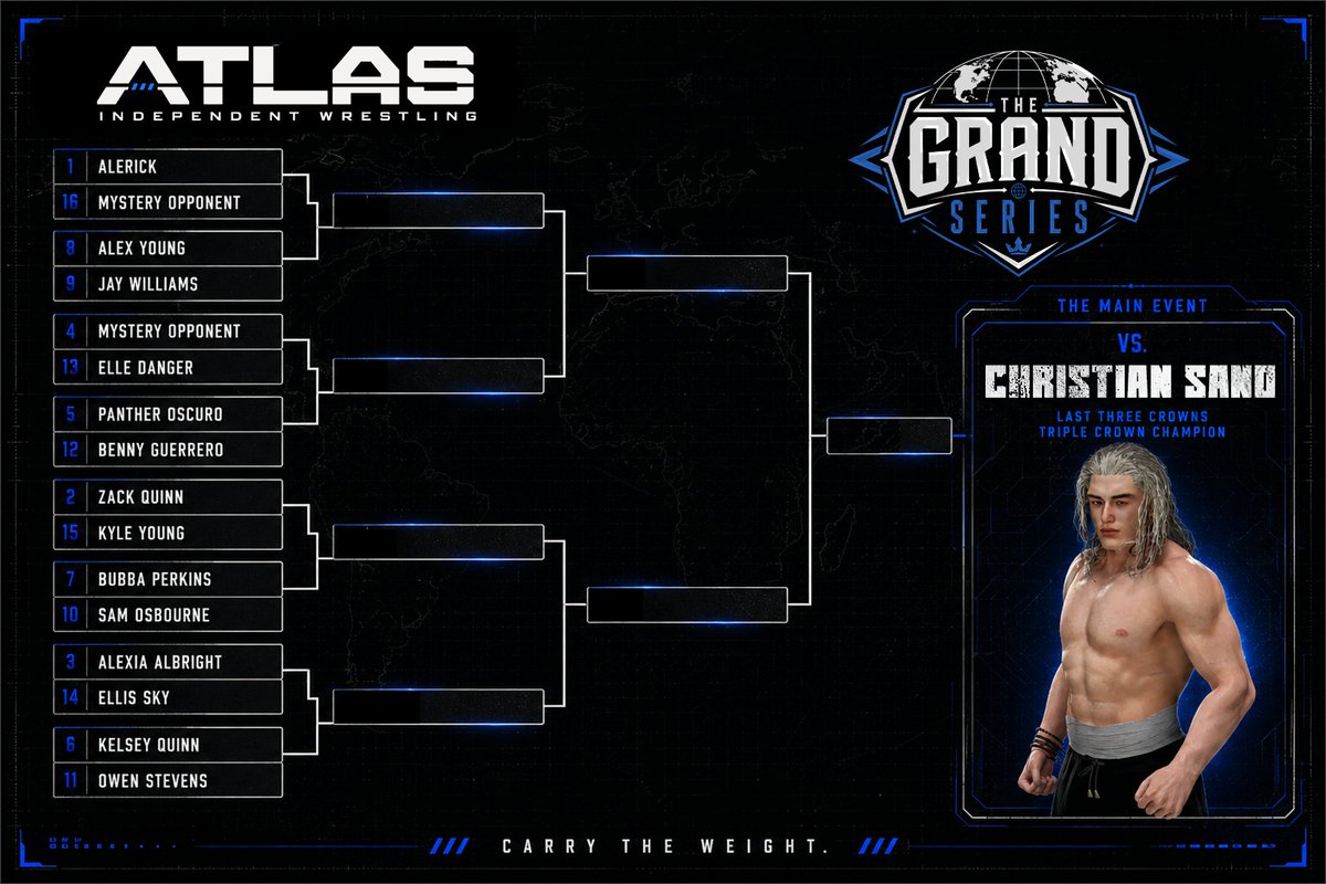 AtlasWres's tweet photo. // GRAND SERIES BRACKET AUTHORIZED

SIXTEEN COMPETITORS.
FOUR ROUNDS.
ONE SURVIVOR.
The full bracket for the inaugural ATLAS GRAND SERIES has been confirmed including two opponents whose identities remain classified.

The winner earns the right to stand across from CHRISTIAN SANO in the main event and challenge for the ATLAS WORLD CHAMPIONSHIP.

There are no shortcuts to the summit.

WIN THE SERIES.
FACE THE CHAMPION.
CARRY THE WEIGHT.