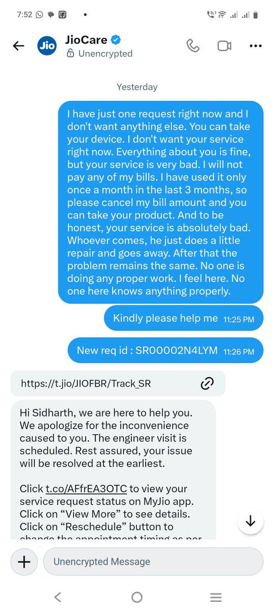 sidnext_'s tweet photo. @JioCare Instant reply is not going to solve the problem instantly. Please take your device and get all my bills cancelled. I have used it for 3 months out of which only 1 month. Should I do my work or follow you? https://t.co/20vLpmCN08
