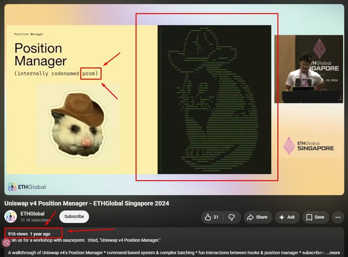 bernapoza's tweet photo. I FOUND THE https://t.co/gJ1bnZ3kWo EASTER EGG
POSM, also known as POSSUM, is present in the token liquidity contracts launched by the launchpad!
I'm sending it in ASCII format because that's how it appears on the chain and in the easter eggs.
You can check it in the token contracts that were launched there, i also recorded a video showin the steps to reach posm:
Frong contract creator:
https://t.co/oNoKncpdsi
Frong contract creation hash:
https://t.co/Q1EgfPIq0v
You can open the contract source code here and see PosM aka POSSUM in a ASCII style:
https://t.co/1w6vfbO7is
in the post that im quoting you can see Alice Henshaw the @Uniswap protocol eng sending a PosM image, on 08/15/2024, Hayden himself follows her.
https://t.co/fdd0jbAEsu
The same POSM apears in the ETHGlobal yt video 1 year ago with the presenter himself calling him "Possum" in the 00:31 :
https://t.co/kQB1fJdSrr
ITS SO FUCKING HUGE
A FUCKING EASTER EGG
SENDING POSM TO 1M