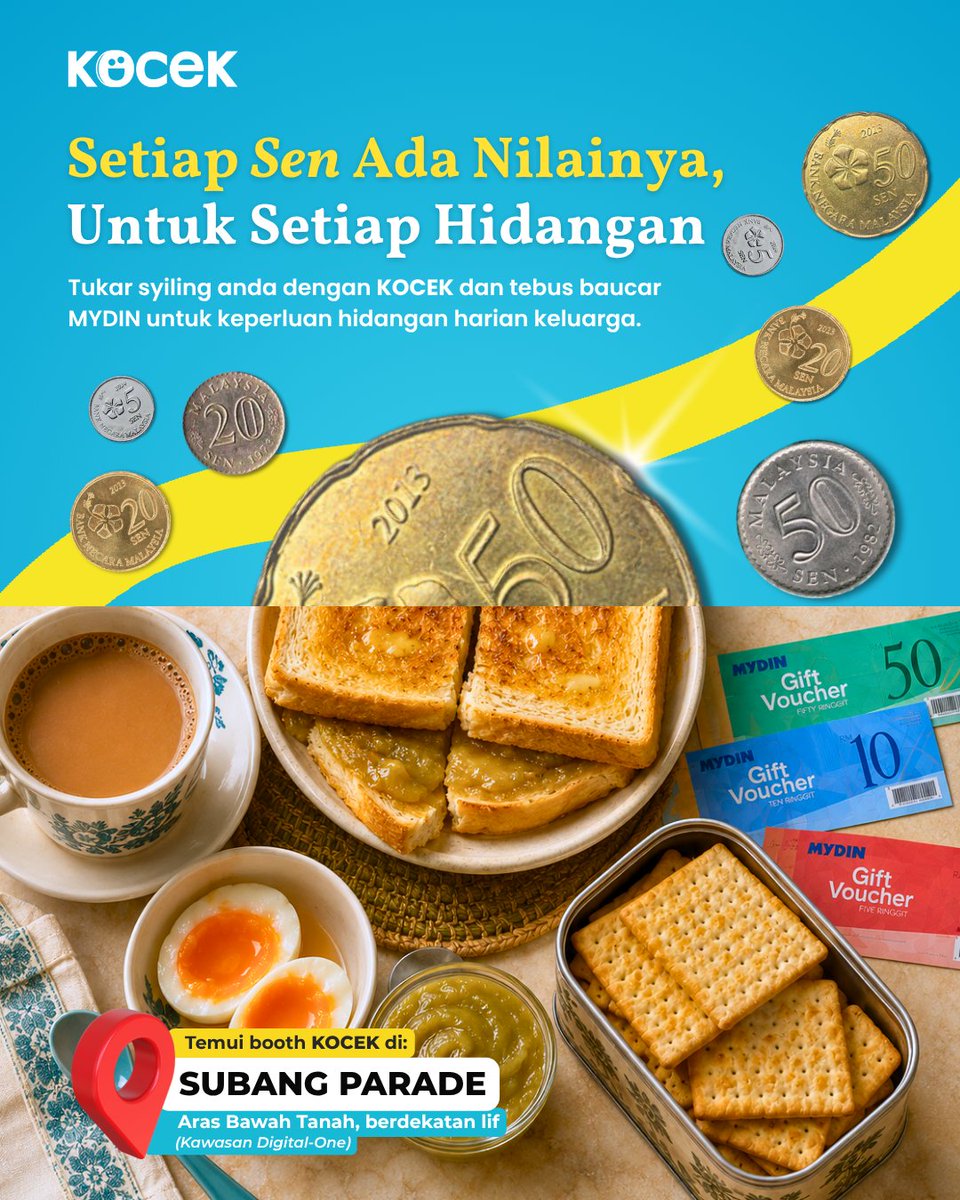 OfficialKocek's tweet photo. Setiap sen ada nilainya, untuk setiap hidangan. 🪙🍽️
Tukar syiling anda dengan KOCEK, kemudian tebus baucar MYDIN untuk keperluan hidangan harian.

📍 Subang Parade, Aras Bawah Tanah, berdekatan lif, Kawasan Digital-One.
#KOCEK #SetiapSenAdaNilainya https://t.co/mdjuYsaYec