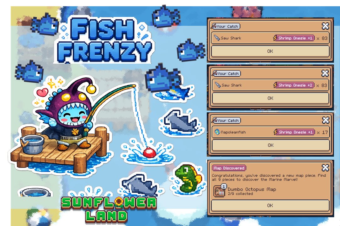 Freako_ID's tweet photo. 🎣🐟 Fish Frenzy = Fishing day! 🐟🎣

+1 Fish bonus is too good to miss 🌊✨

🎣 60 Rods used
🦈 166 Saw Shark Fish (50 Rods)
🐠 17 Napoleon Fish (10 Rods)
🗺️ Extra... my 2nd Dumbo Map  🗺️🐙

🐟 Did you go fishing today too?
👇 Flex your fish below🔥
#SFL #SFLCreator #SunflowerLandFarm
#SunflowerLandWeekly #FishFrenzy #Web3Gaming #GameFi #FreeToPlay #PlayToEarn
