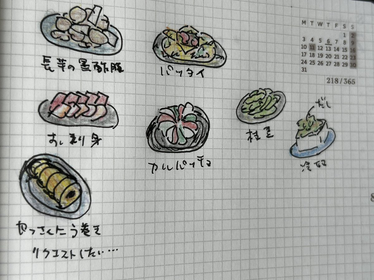shiro3_bubu's tweet photo. ジャーナリング用のHibinoに週末のホームパーティーのメニュー描いたり。
これ絵日記じゃんね😅
ジャーナリングしようと思ってたけどきっとこれもジャーナリングなんだね。
#落書き #妄想 #ホームパーティー #hibino https://t.co/yp1ZHGCahH