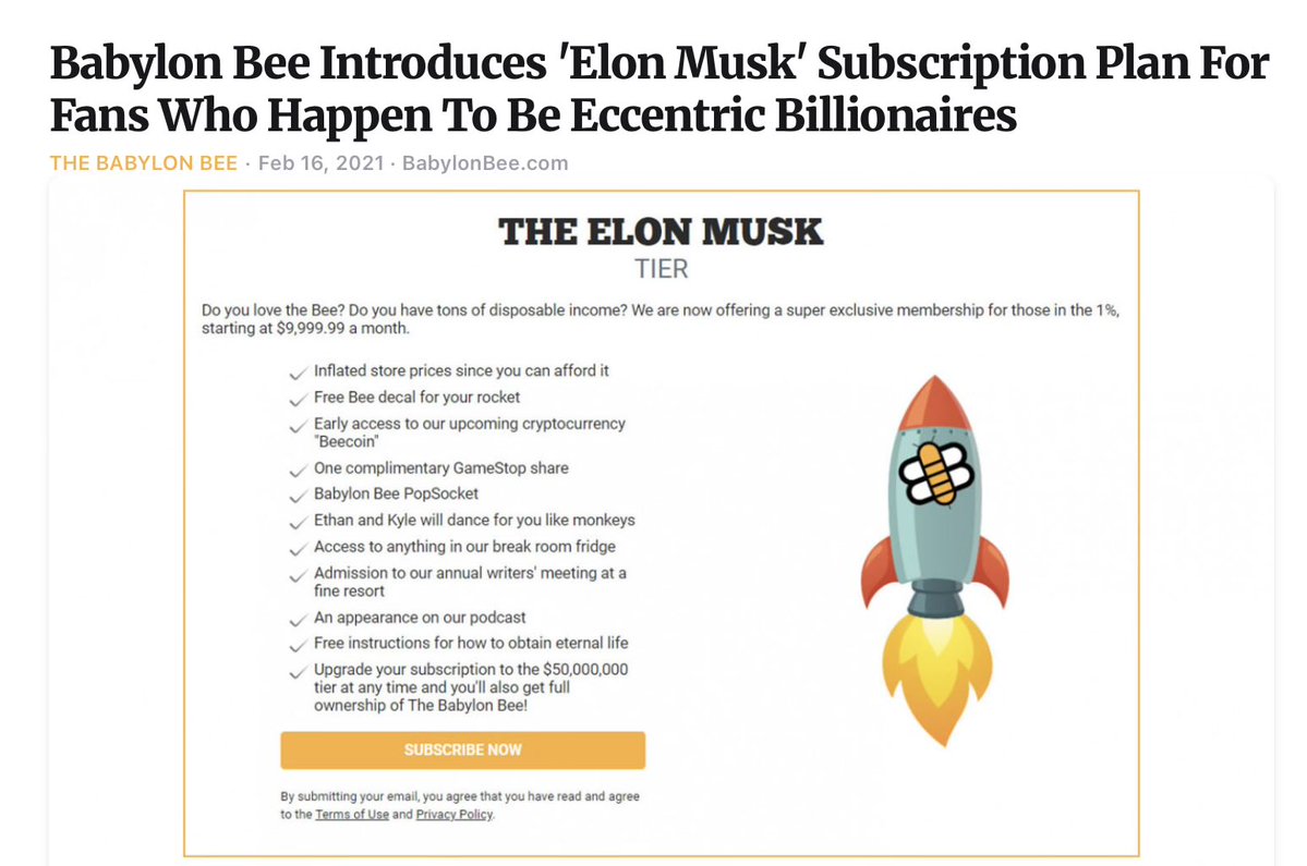 DarrellRoot's tweet photo. @ClassicII_MrMac Reminds me of the Babylon Bee “Elon Musk subscription tier” 😂 https://t.co/yYQOB740Qw