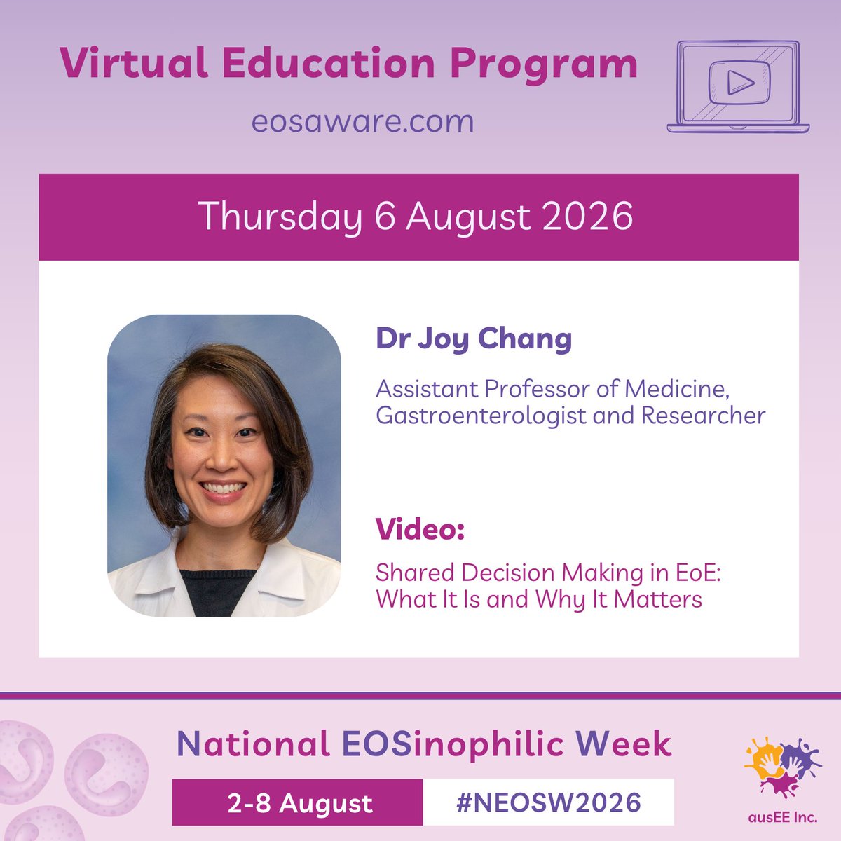 ausEEorg's tweet photo. ๐ฅ Continuing our NEOSW Virtual Education Program, today's video features Dr Joy Chang.
This video provides an overview of shared decision making in eosinophilic oesophagitis (EoE).
๐บ Watch now: https://t.co/URGa9oNFFN
#NEOSW2026 #EOSaware https://t.co/w6Lao25NRr